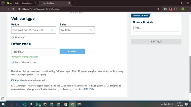 DFDS checkout page showing DFDS discount code box | Screenshot taken by SimplyCodes community member on Sep 1, 2025