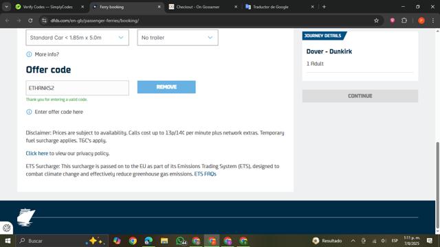 DFDS checkout page showing DFDS discount code box | Screenshot taken by SimplyCodes community member on Aug 7, 2025