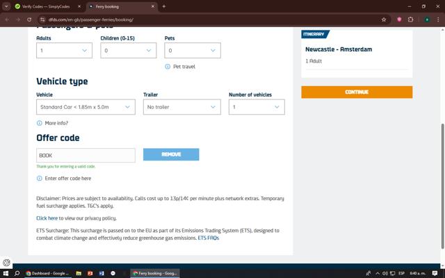 DFDS checkout page showing DFDS discount code box | Screenshot taken by SimplyCodes community member on Jul 26, 2025