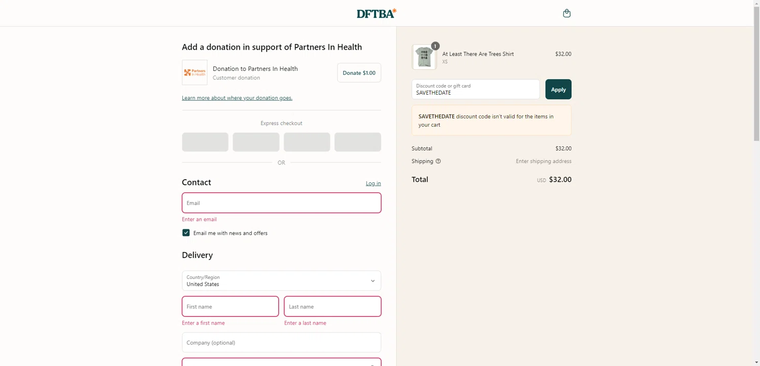 DFTBA discount code screenshot showing code SAVETHEDATE applied at DFTBA checkout page. Uploaded by SimplyCodes community member CleverHawk1744 on Aug 5, 2025
