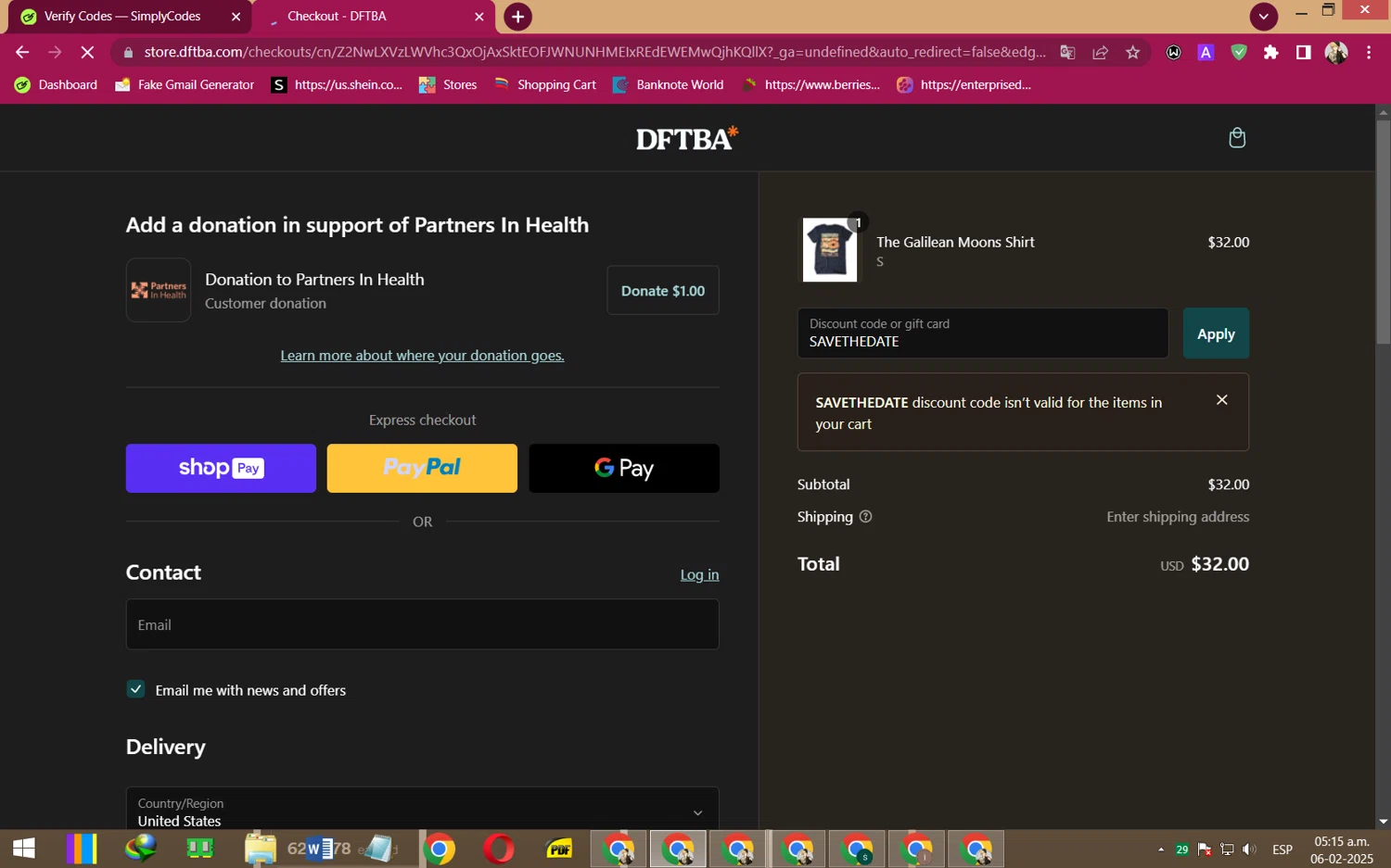 DFTBA discount code screenshot showing code SAVETHEDATE applied at DFTBA checkout page. Uploaded by SimplyCodes community member RewardFalcon3197 on Feb 6, 2025