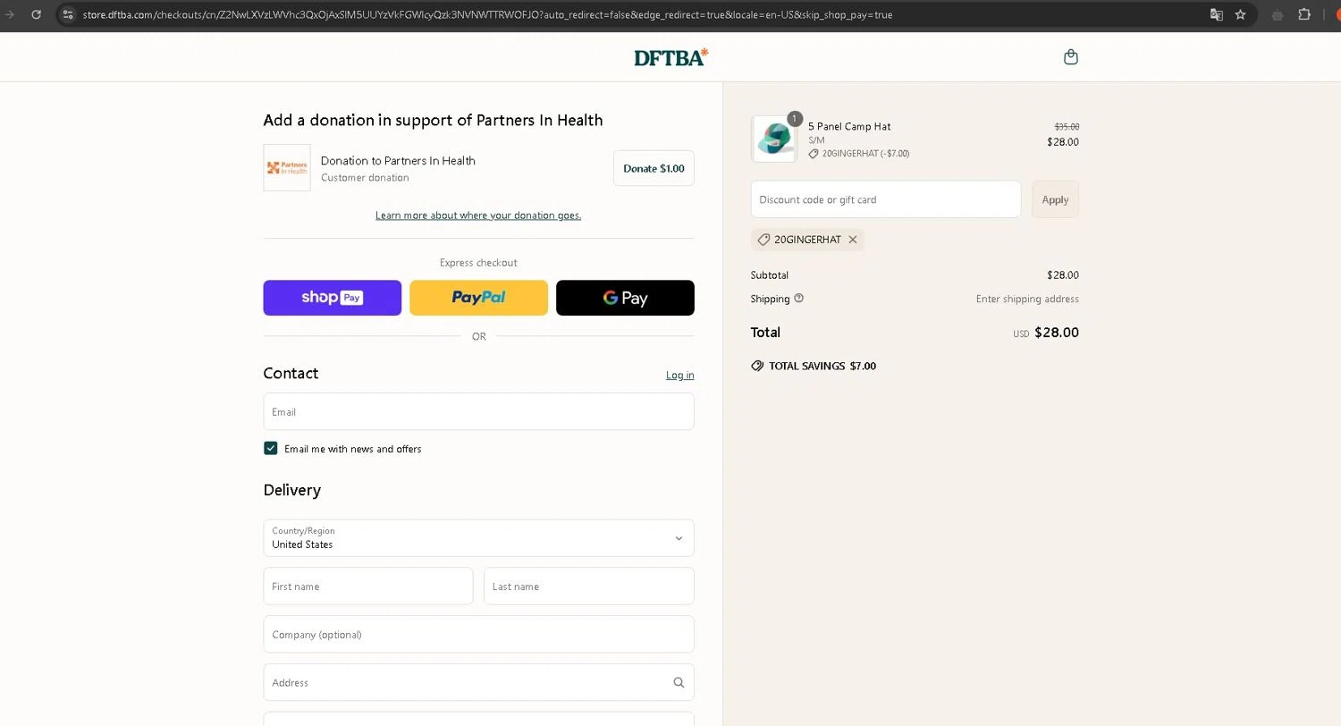 DFTBA discount code screenshot showing code 20GINGERHAT applied at DFTBA checkout page. Uploaded by SimplyCodes community member WonderDefender6772 on Apr 20, 2025