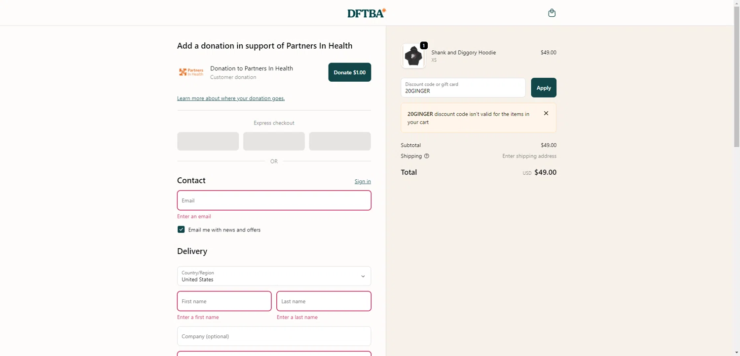 DFTBA discount code screenshot showing code 20GINGER applied at DFTBA checkout page. Uploaded by SimplyCodes community member NobleMaestro6498 on Oct 27, 2025
