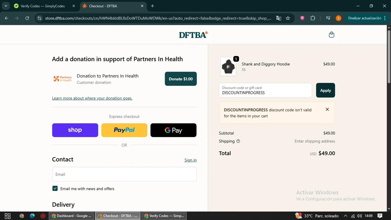 DFTBA discount code screenshot showing code DISCOUNTINPROGRESS applied at DFTBA checkout page. Uploaded by SimplyCodes community member QuestCaptain8930 on Oct 27, 2025