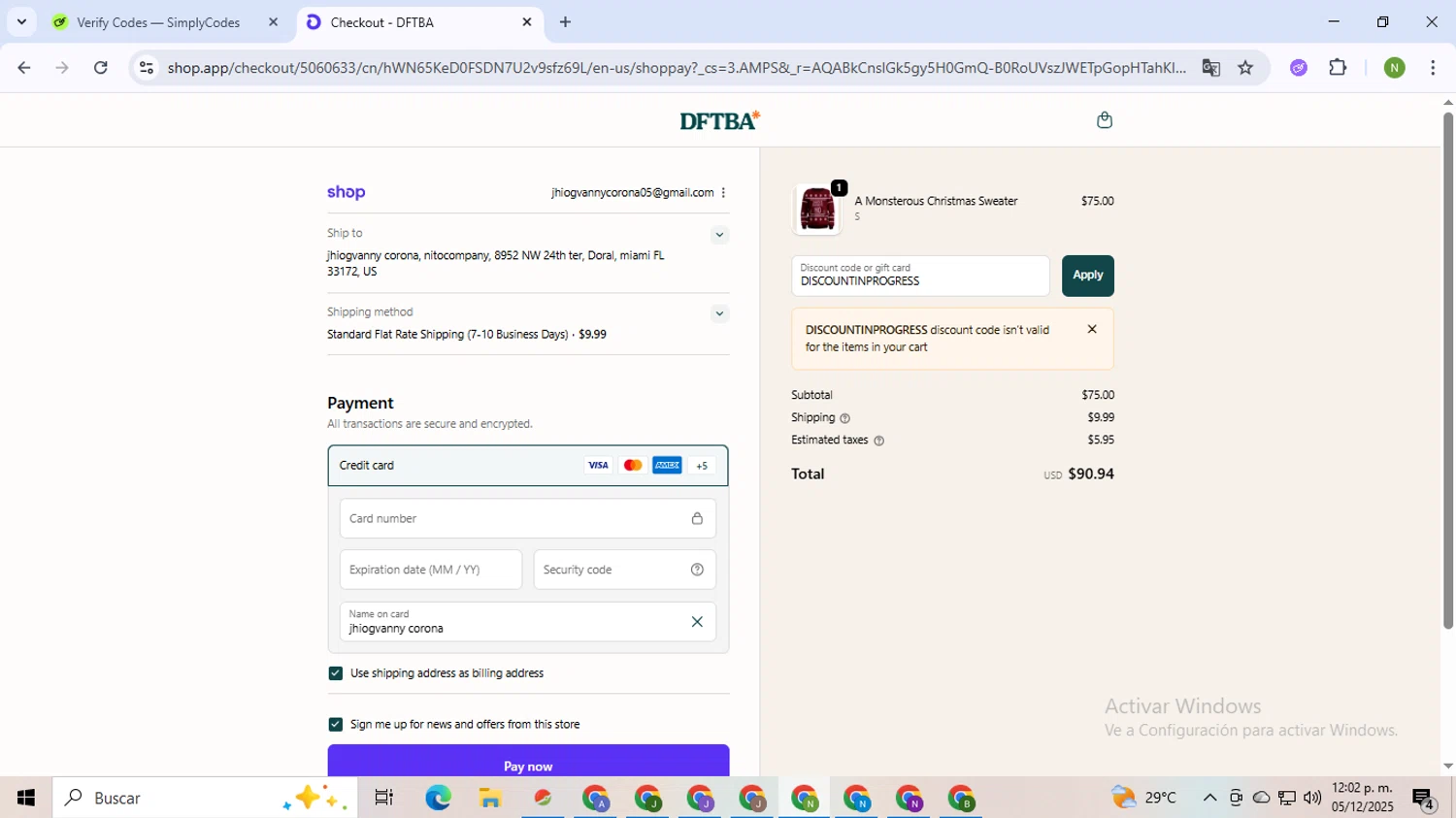 DFTBA discount code screenshot showing code DISCOUNTINPROGRESS applied at DFTBA checkout page. Uploaded by SimplyCodes community member TokenMaverick6956 on Dec 5, 2025