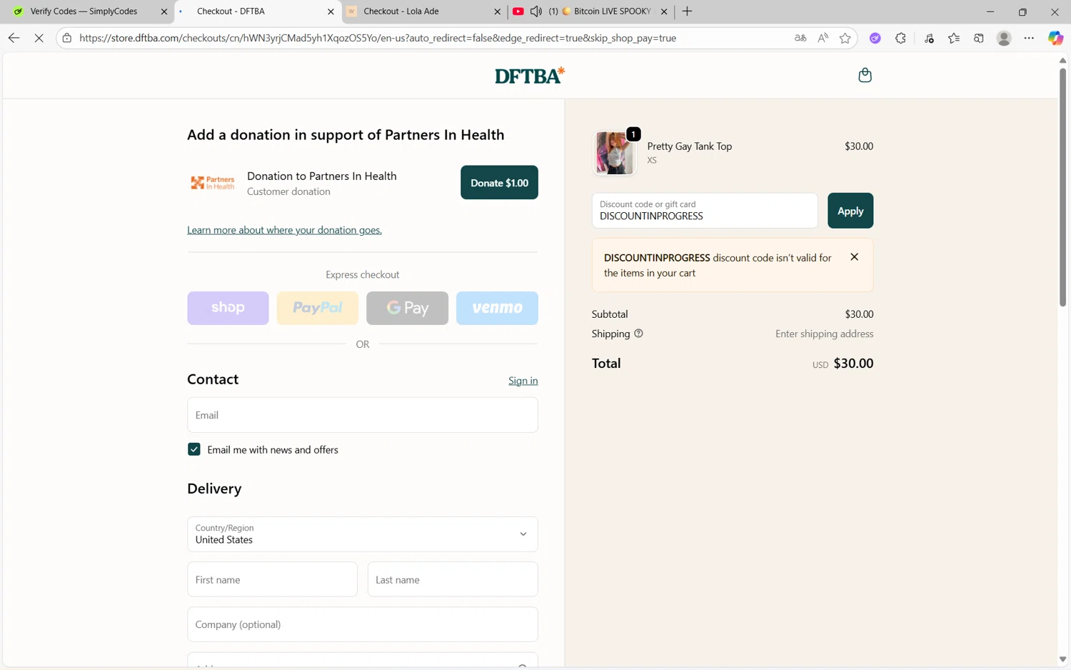 DFTBA discount code screenshot showing code DISCOUNTINPROGRESS applied at DFTBA checkout page. Uploaded by SimplyCodes community member frijolito on Oct 11, 2025