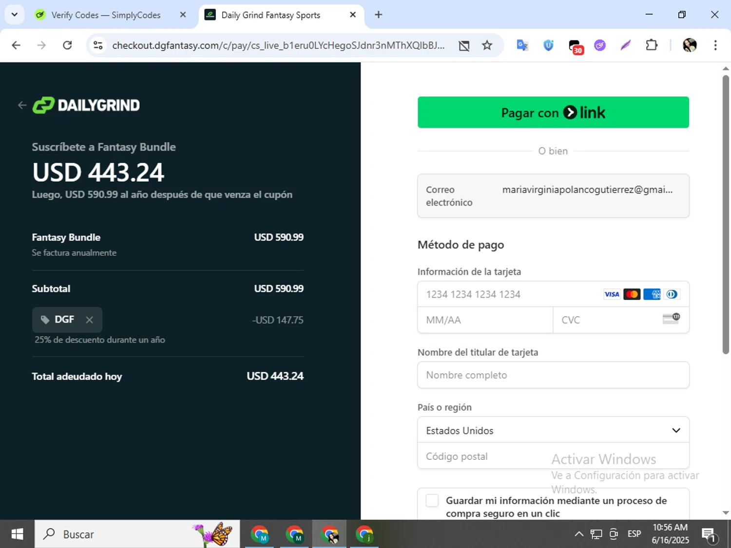 DGFantasy promo code screenshot showing code DGF applied at DGFantasy checkout page. Uploaded by SimplyCodes community member mariapolancog on Jun 16, 2025