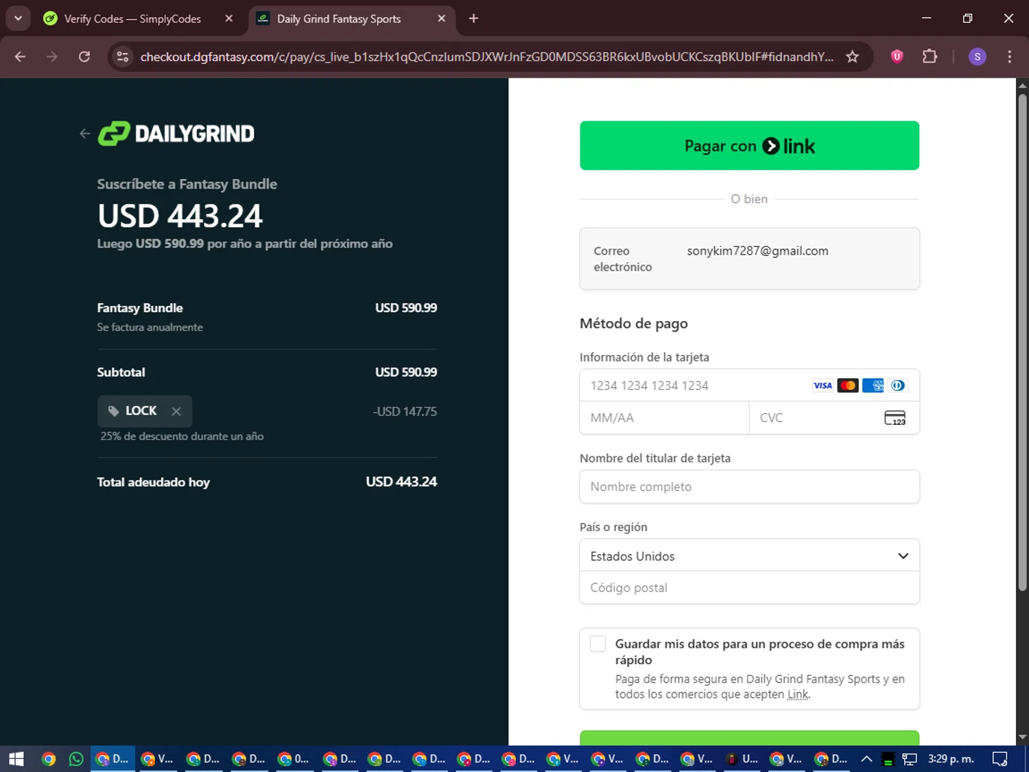 DGFantasy promo code screenshot showing code LOCK applied at DGFantasy checkout page. Uploaded by SimplyCodes community member LuckyVoyager688 on Oct 9, 2025