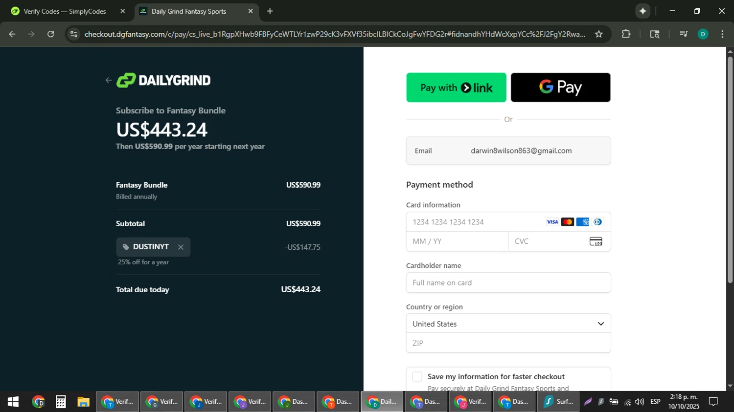 DGFantasy promo code screenshot showing code DUSTINYT applied at DGFantasy checkout page. Uploaded by SimplyCodes community member ThriftyLion6776 on Oct 10, 2025