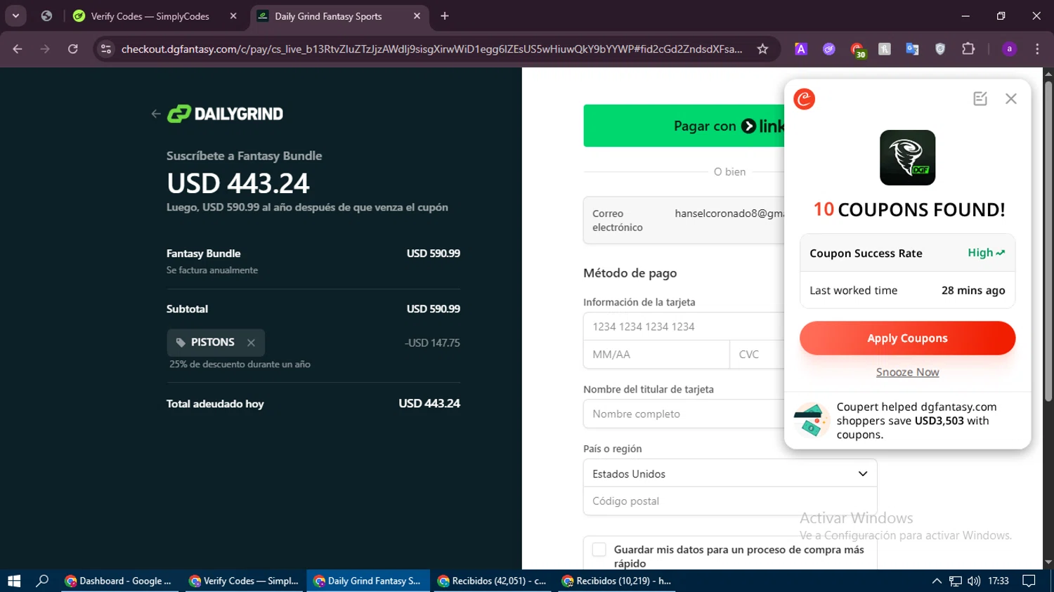 DGFantasy promo code screenshot showing code PISTONS applied at DGFantasy checkout page. Uploaded by SimplyCodes community member thethru on Aug 12, 2025