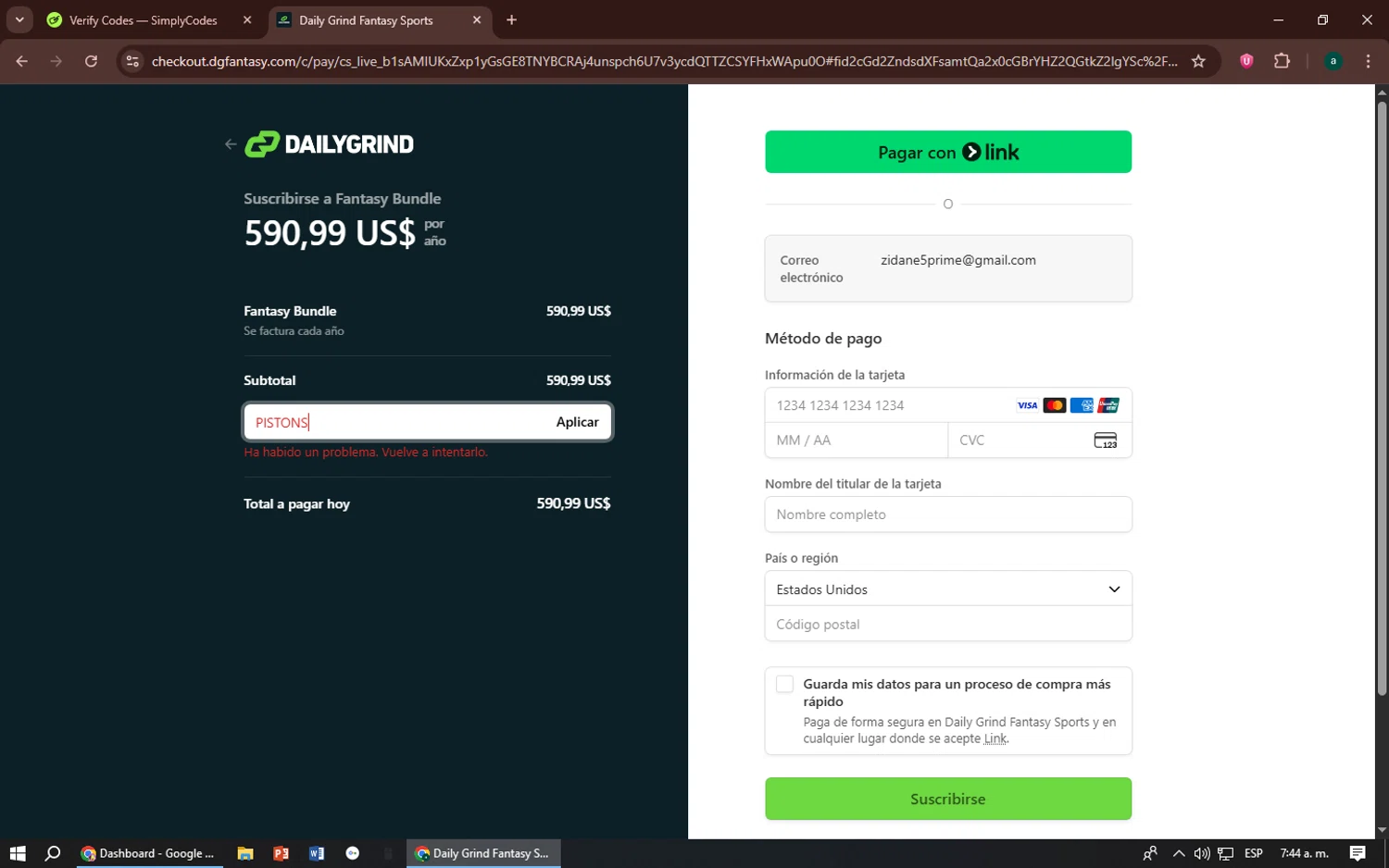 DGFantasy promo code screenshot showing code PISTONS applied at DGFantasy checkout page. Uploaded by SimplyCodes community member zizu55 on Sep 10, 2025