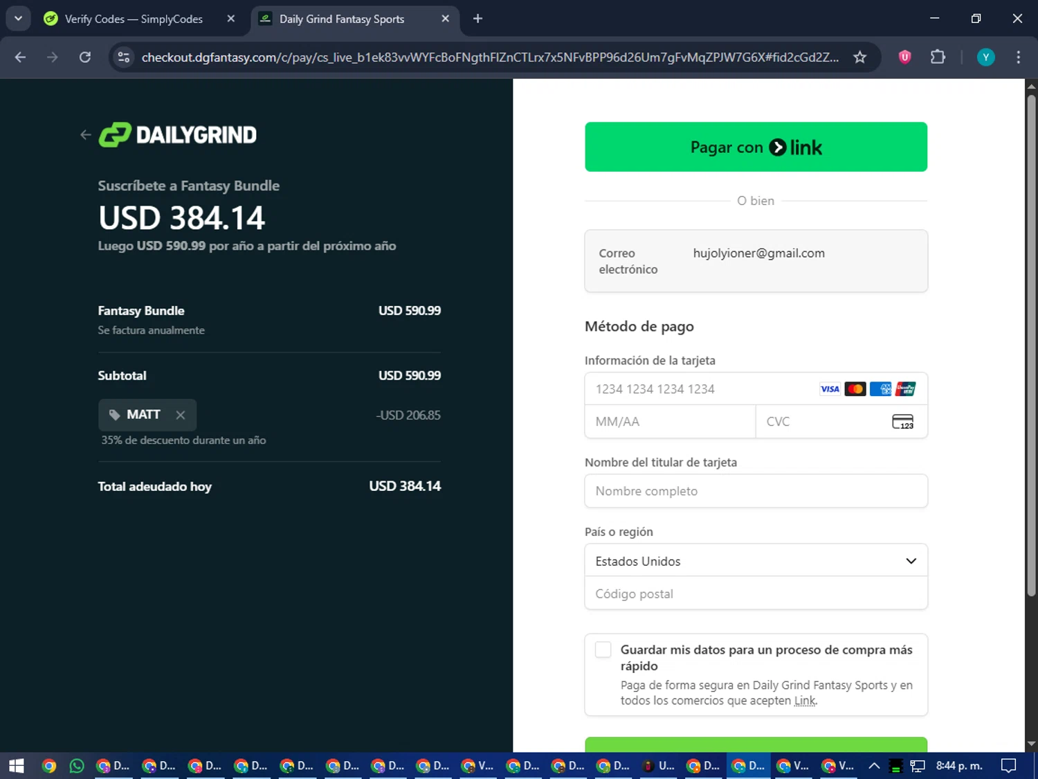 DGFantasy promo code screenshot showing code MATT applied at DGFantasy checkout page. Uploaded by SimplyCodes community member RoyalEagle4794 on Sep 25, 2025