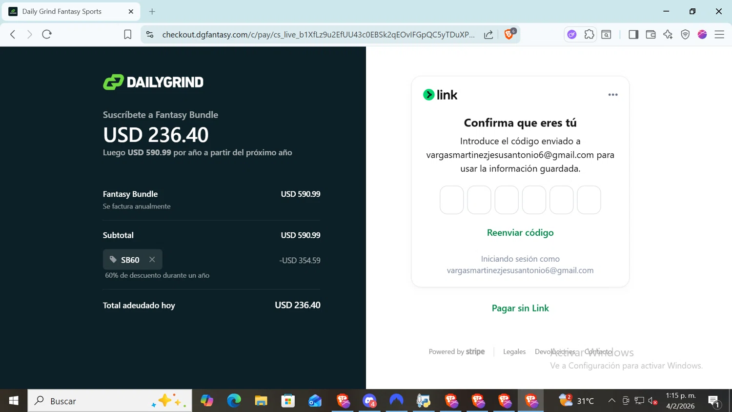 DGFantasy checkout page showing DGFantasy promo code box | Screenshot taken by SimplyCodes community member on Feb 4, 2026