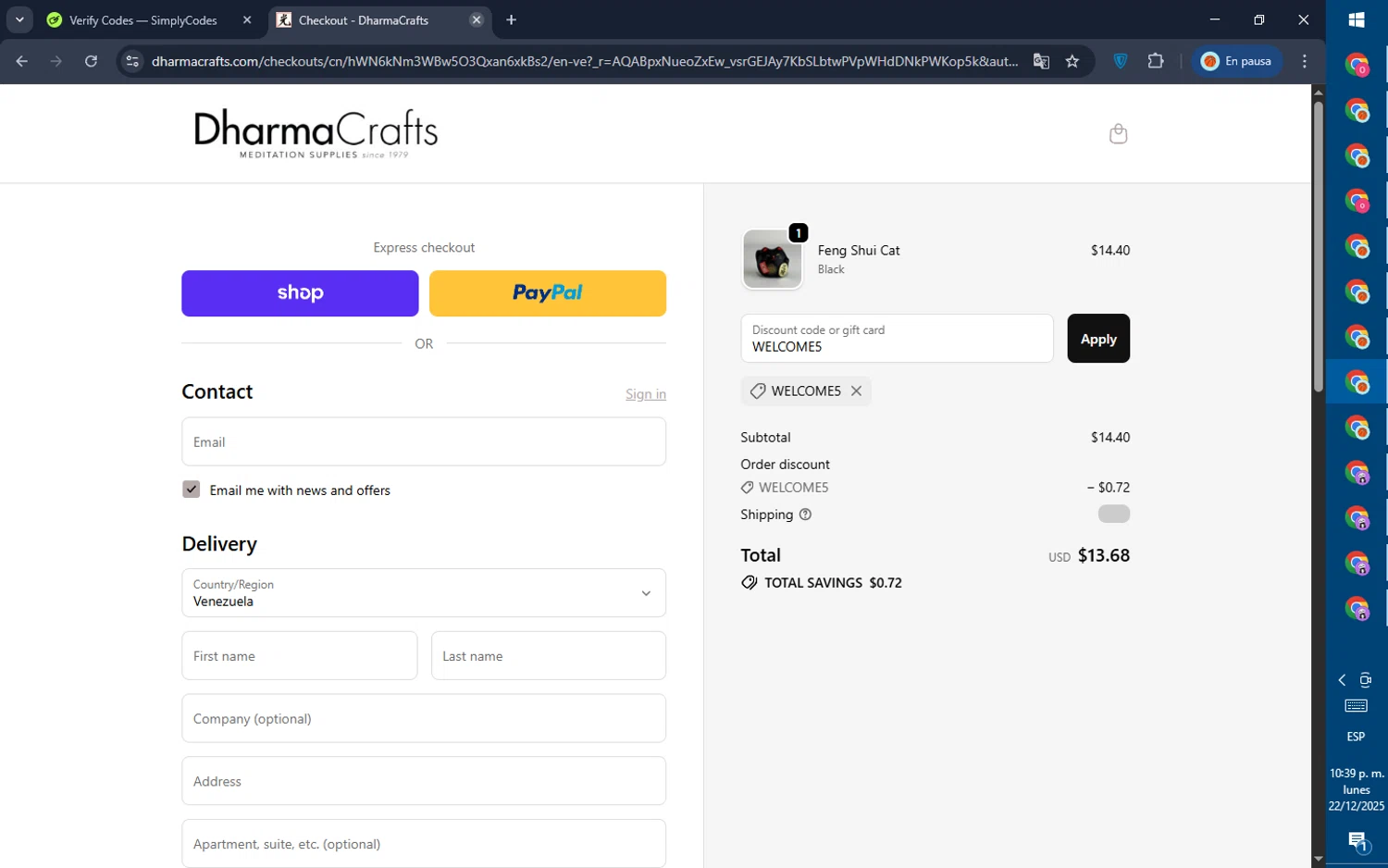 DharmaCrafts promo code screenshot showing code WELCOME5 applied at DharmaCrafts checkout page. Uploaded by SimplyCodes community member GoldPilot5958 on Dec 23, 2025