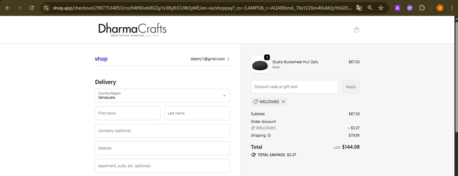 DharmaCrafts promo code screenshot showing code WELCOME5 applied at DharmaCrafts checkout page. Uploaded by SimplyCodes community member PennyAdmiral6960 on Nov 24, 2025