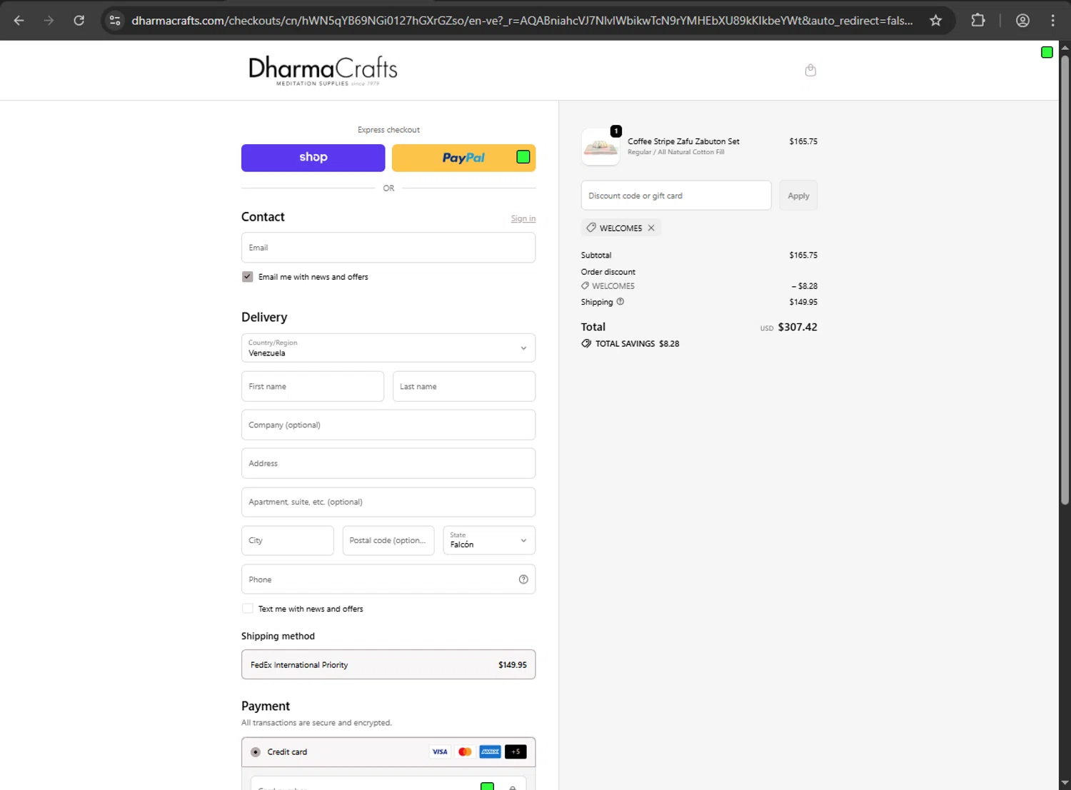 DharmaCrafts promo code screenshot showing code WELCOME5 applied at DharmaCrafts checkout page. Uploaded by SimplyCodes community member QuestScholar1789 on Nov 29, 2025
