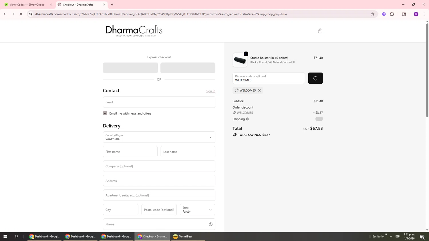 DharmaCrafts checkout page showing DharmaCrafts promo code box | Screenshot taken by SimplyCodes community member on Jan 1, 2026