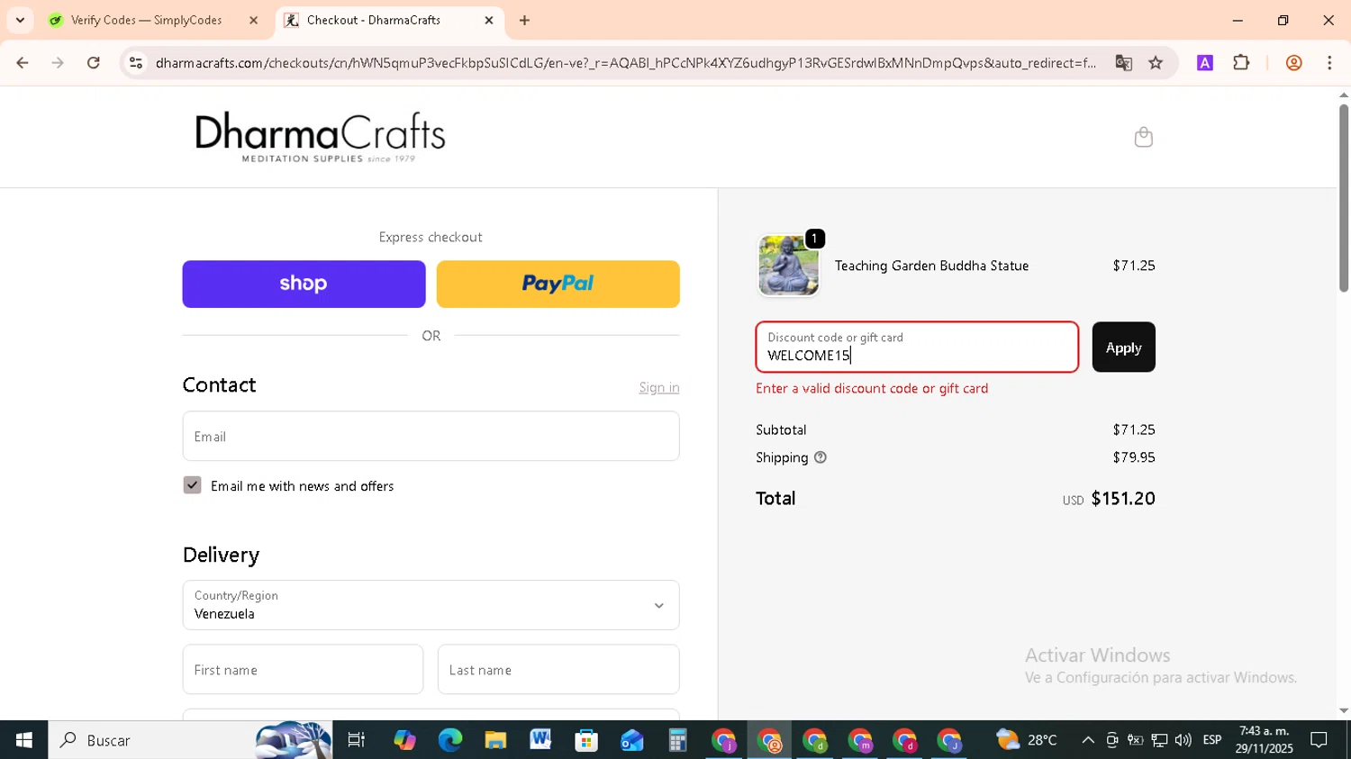 DharmaCrafts promo code screenshot showing code WELCOME15 applied at DharmaCrafts checkout page. Uploaded by SimplyCodes community member RebateCollector5909 on Nov 29, 2025