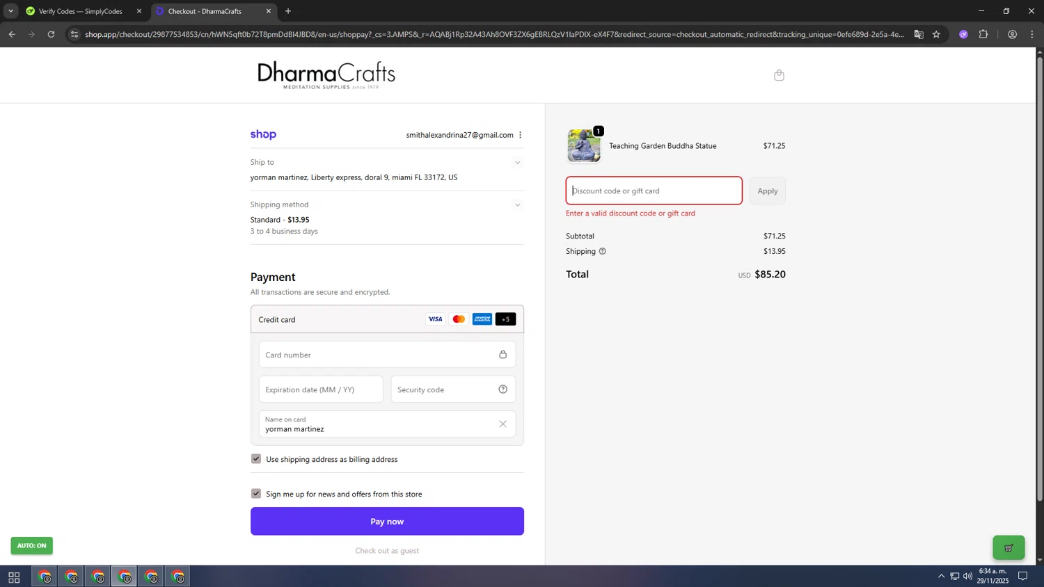 DharmaCrafts promo code screenshot showing code WELCOME15 applied at DharmaCrafts checkout page. Uploaded by SimplyCodes community member SALCHICHA on Nov 29, 2025