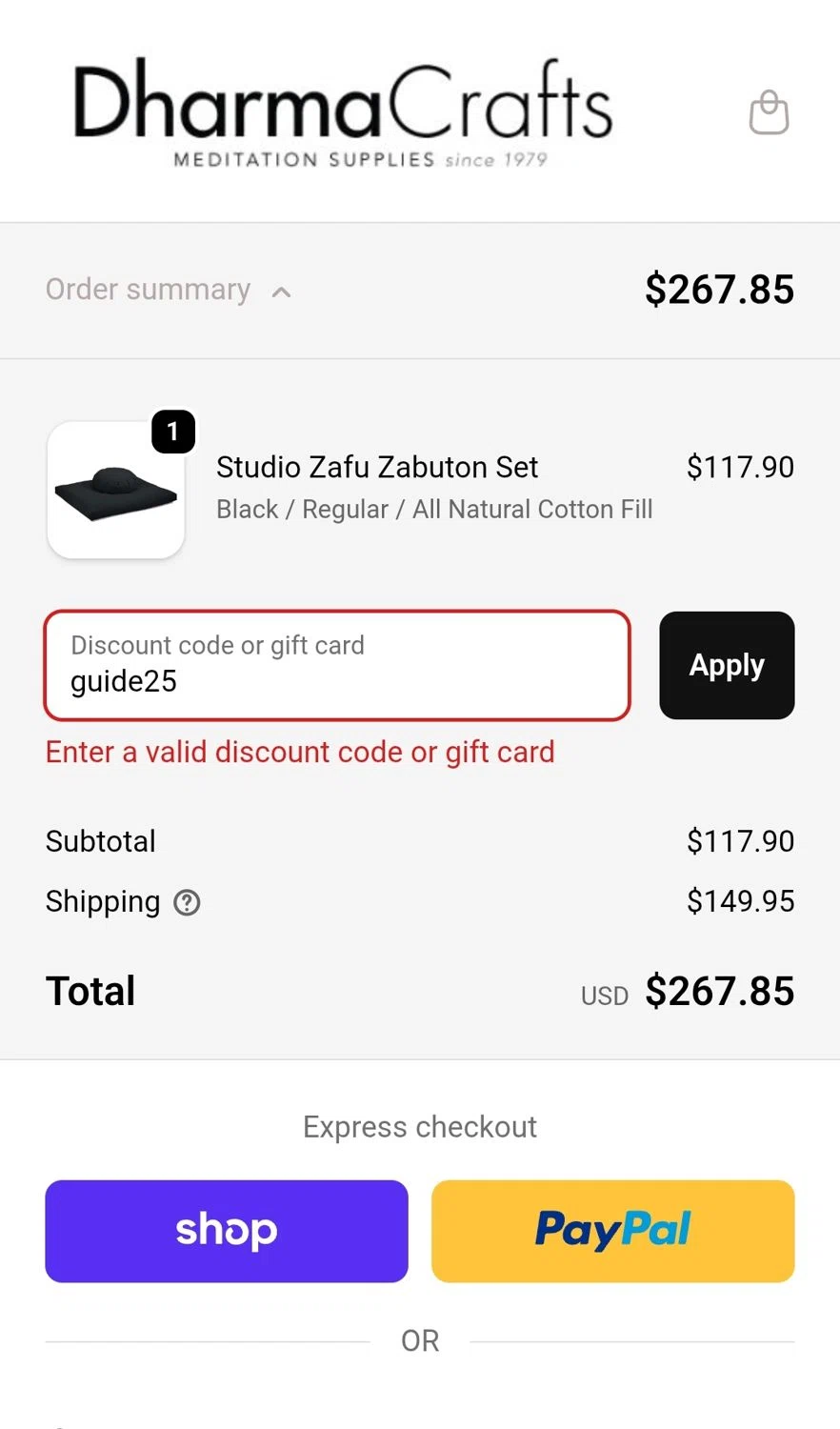 DharmaCrafts promo code screenshot showing code guide25 applied at DharmaCrafts checkout page. Uploaded by SimplyCodes community member JuanMonge on Nov 24, 2025