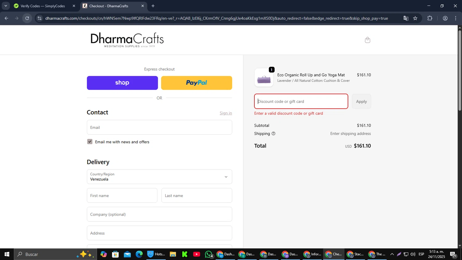 DharmaCrafts promo code screenshot showing code guide25 applied at DharmaCrafts checkout page. Uploaded by SimplyCodes community member MoneyPilot9165 on Nov 24, 2025