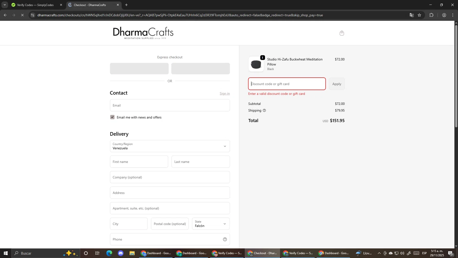 DharmaCrafts promo code screenshot showing code vip25 applied at DharmaCrafts checkout page. Uploaded by SimplyCodes community member Pirlo420 on Nov 29, 2025