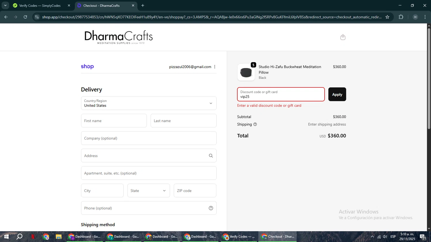 DharmaCrafts promo code screenshot showing code vip25 applied at DharmaCrafts checkout page. Uploaded by SimplyCodes community member YAMAHA on Nov 29, 2025