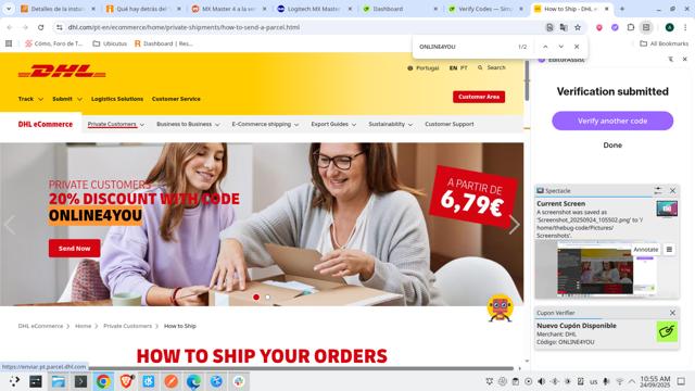 DHL checkout page showing DHL promo code box | Screenshot taken by SimplyCodes community member on Sep 24, 2025