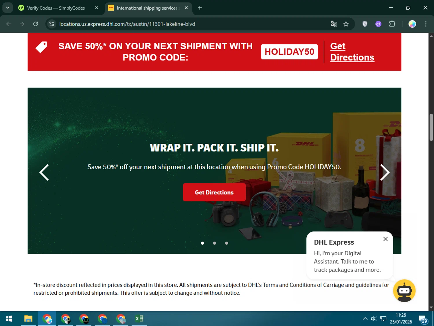 DHL promo code screenshot showing code HOLIDAY50 applied at DHL checkout page. Uploaded by SimplyCodes community member Estrellitacoairis on Jan 25, 2026