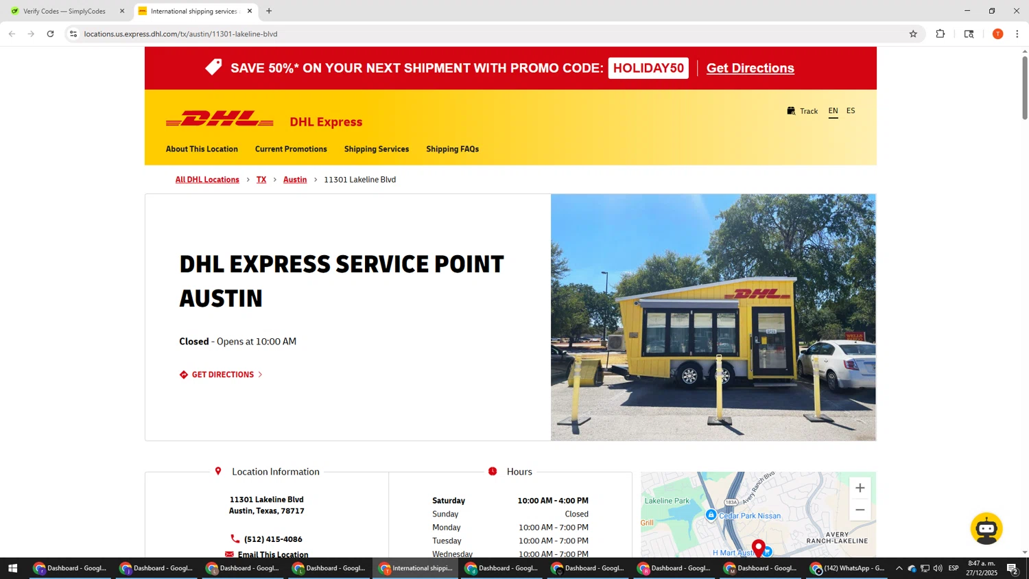 DHL checkout page showing DHL promo code box | Screenshot taken by SimplyCodes community member on Dec 27, 2025