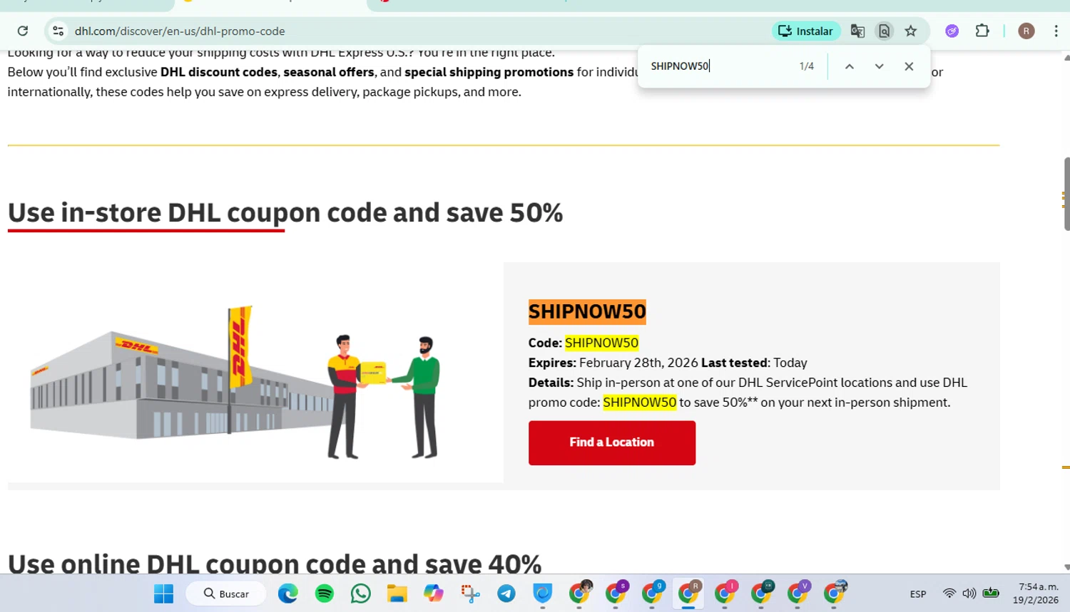 DHL checkout page showing DHL promo code box | Screenshot taken by SimplyCodes community member on Feb 19, 2026