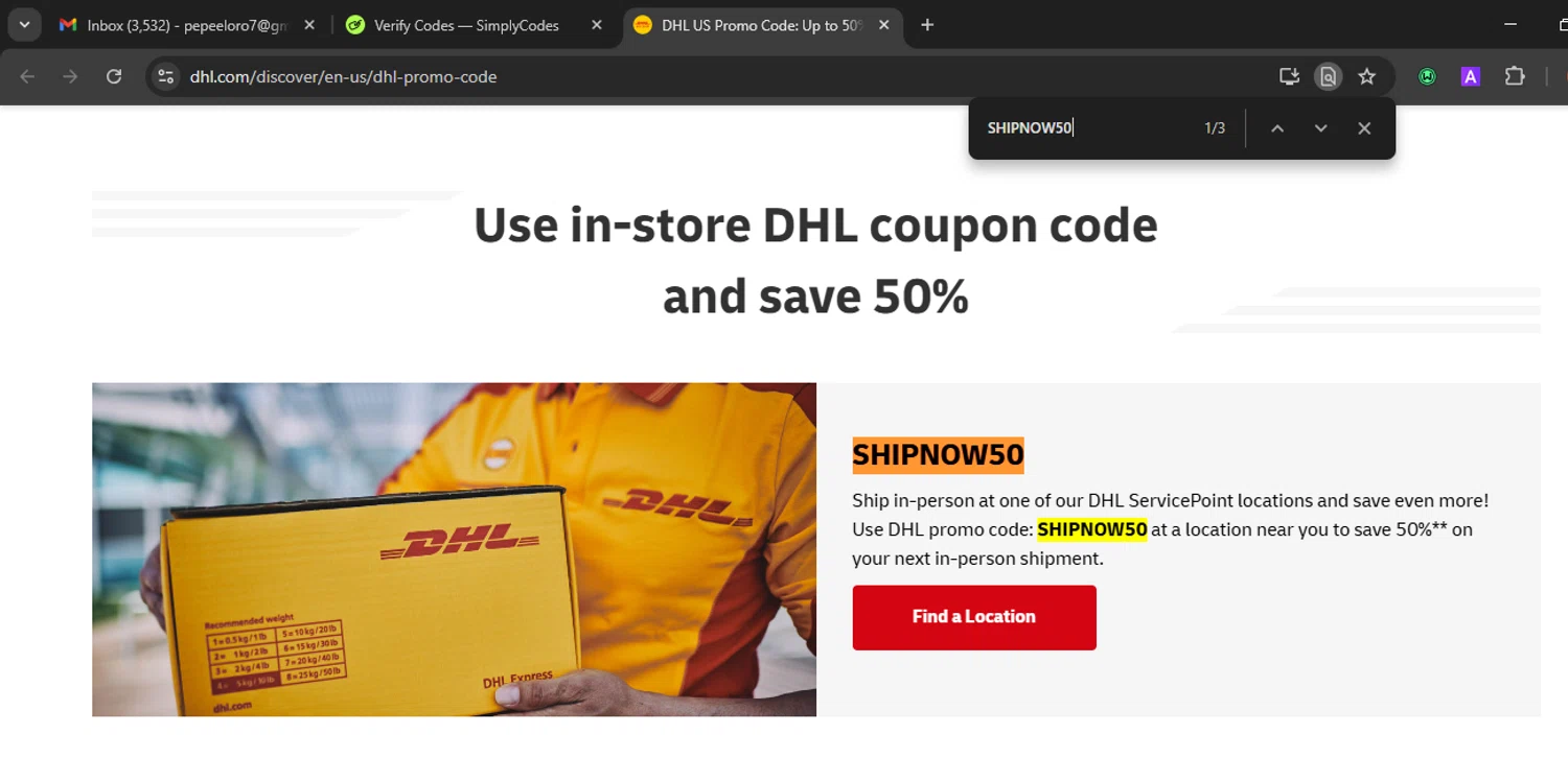 DHL promo code screenshot showing code SHIPNOW50 applied at DHL checkout page. Uploaded by SimplyCodes community member Eminem on Sep 24, 2025