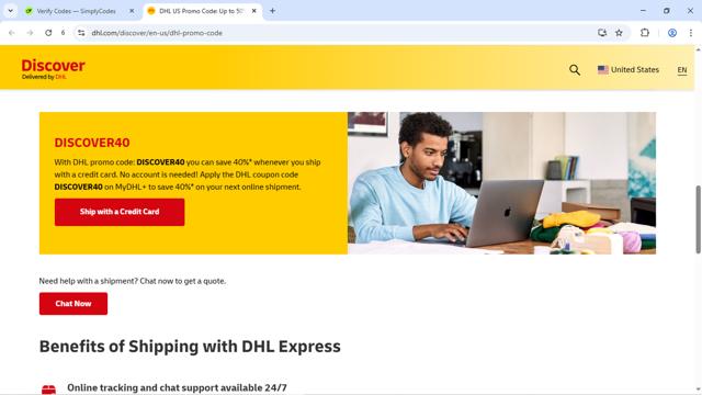DHL checkout page showing DHL promo code box | Screenshot taken by SimplyCodes community member on Sep 14, 2025