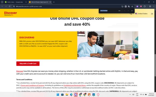 DHL checkout page showing DHL promo code box | Screenshot taken by SimplyCodes community member on Aug 16, 2025