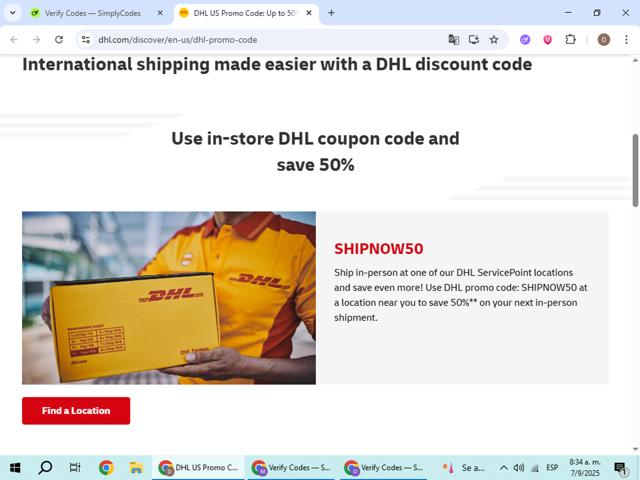 DHL checkout page showing DHL promo code box | Screenshot taken by SimplyCodes community member on Sep 7, 2025