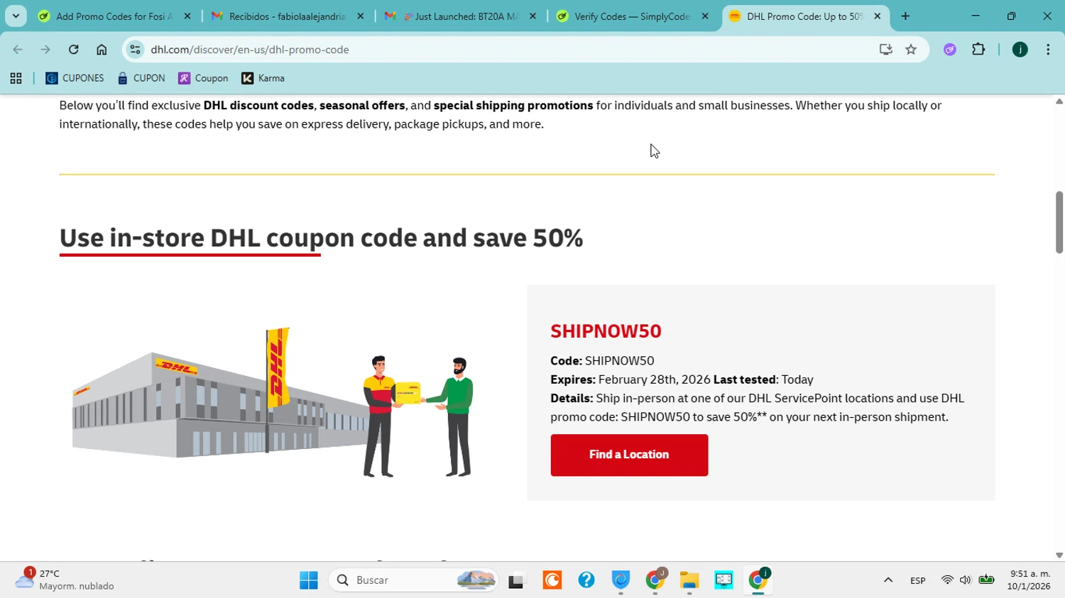 DHL checkout page showing DHL promo code box | Screenshot taken by SimplyCodes community member on Jan 10, 2026