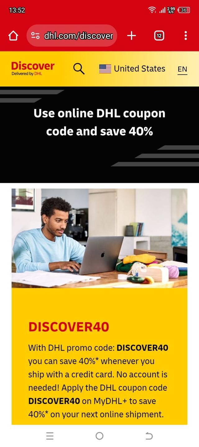 DHL checkout page showing DHL promo code box | Screenshot taken by SimplyCodes community member on Oct 7, 2025