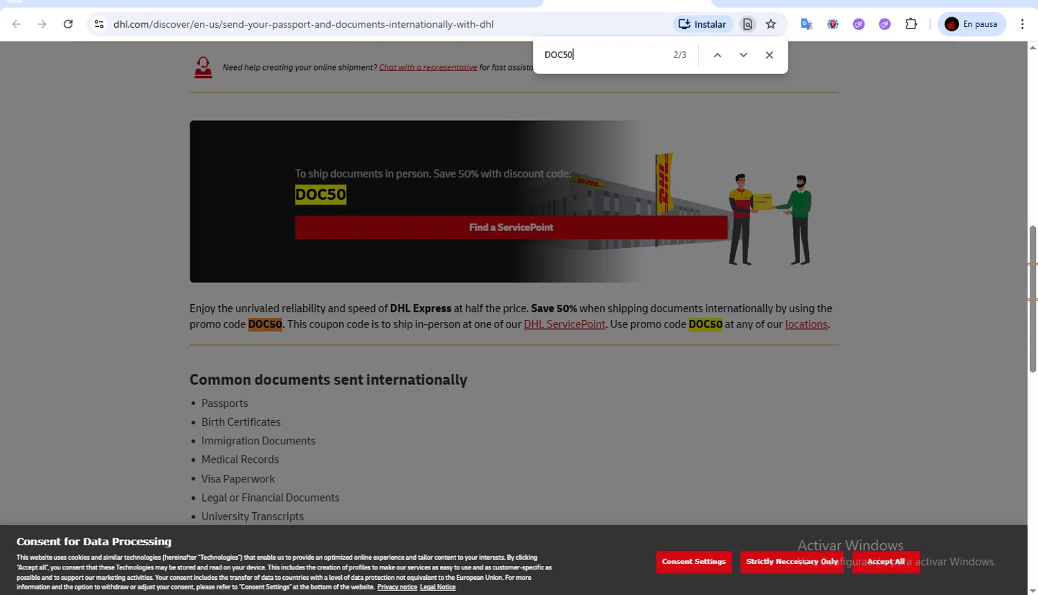 DHL promo code screenshot showing code DOC50 applied at DHL checkout page. Uploaded by SimplyCodes community member Francisco01 on Feb 9, 2026