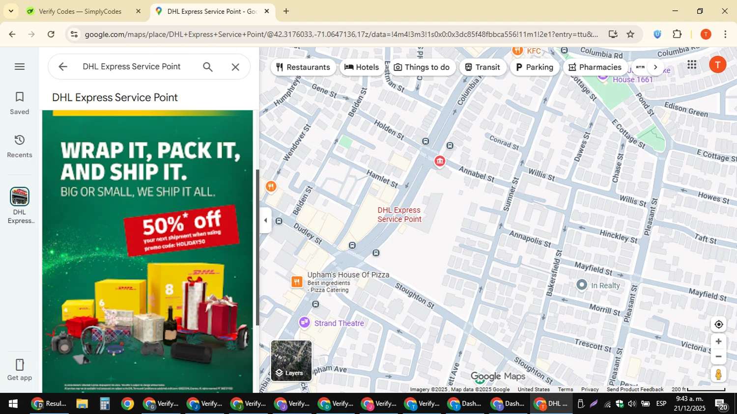 DHL Aviation Cargo promo code screenshot showing code HOLIDAY50 applied at DHL Aviation Cargo checkout page. Uploaded by SimplyCodes community member ShrewdAce8338 on Dec 21, 2025