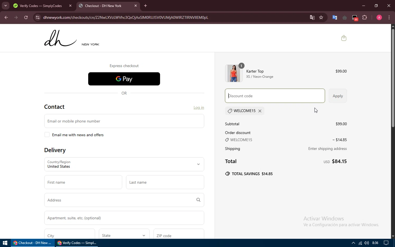 DH New York promo code screenshot showing code WELCOME15 applied at DH New York checkout page. Uploaded by SimplyCodes community member ThriftyMaestro5086 on Apr 18, 2025