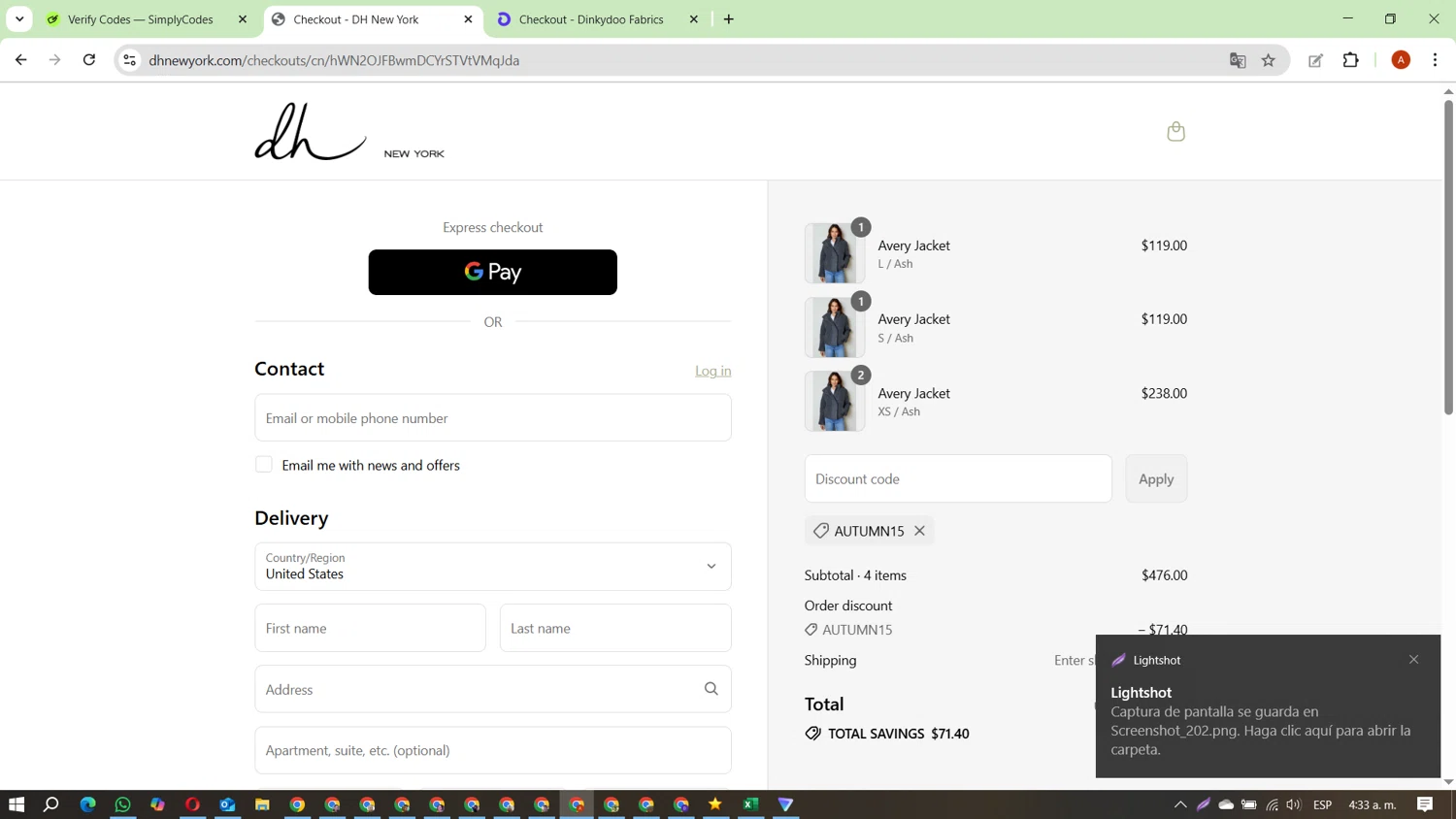 DH New York promo code screenshot showing code Autumn15 applied at DH New York checkout page. Uploaded by SimplyCodes community member FundoKadmiel on Aug 30, 2025