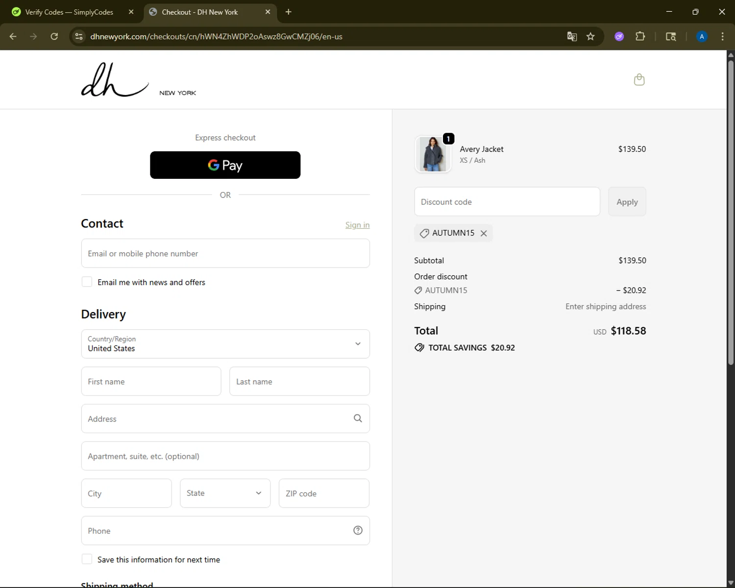 DH New York promo code screenshot showing code Autumn15 applied at DH New York checkout page. Uploaded by SimplyCodes community member ShrewdMaestro6940 on Oct 26, 2025