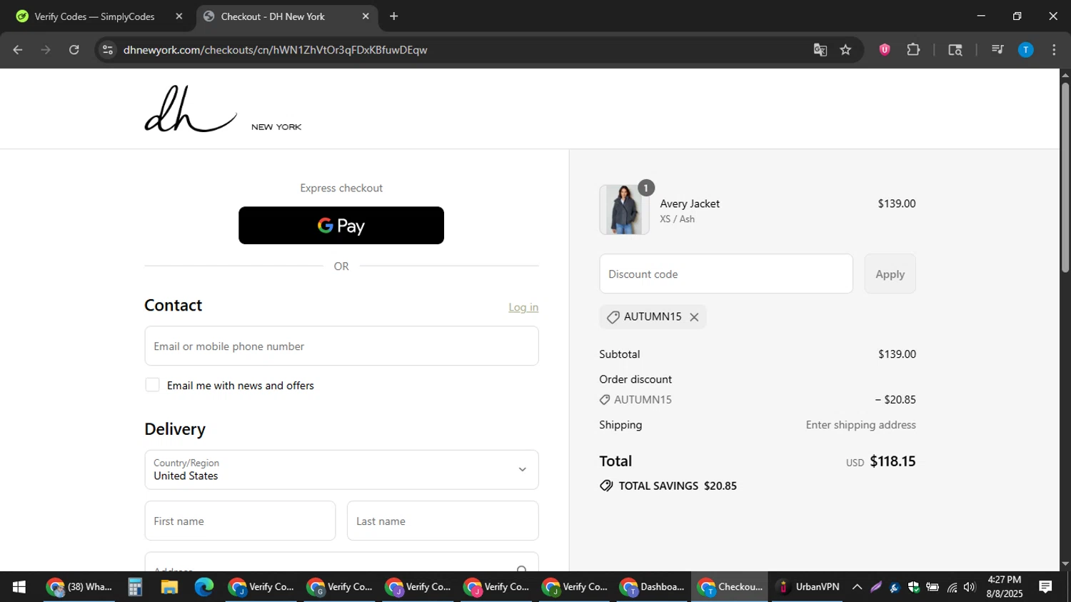 DH New York promo code screenshot showing code Autumn15 applied at DH New York checkout page. Uploaded by SimplyCodes community member hankt1521 on Aug 8, 2025