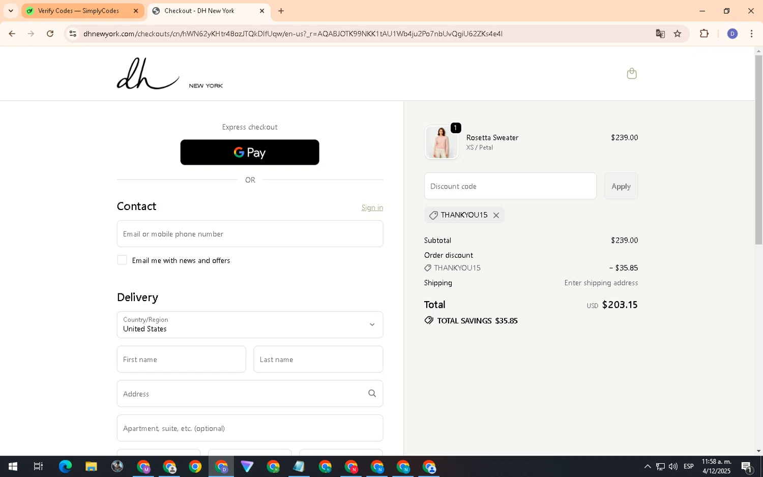 DH New York promo code screenshot showing code THANKYOU15 applied at DH New York checkout page. Uploaded by SimplyCodes community member PennyCurator6489 on Dec 4, 2025
