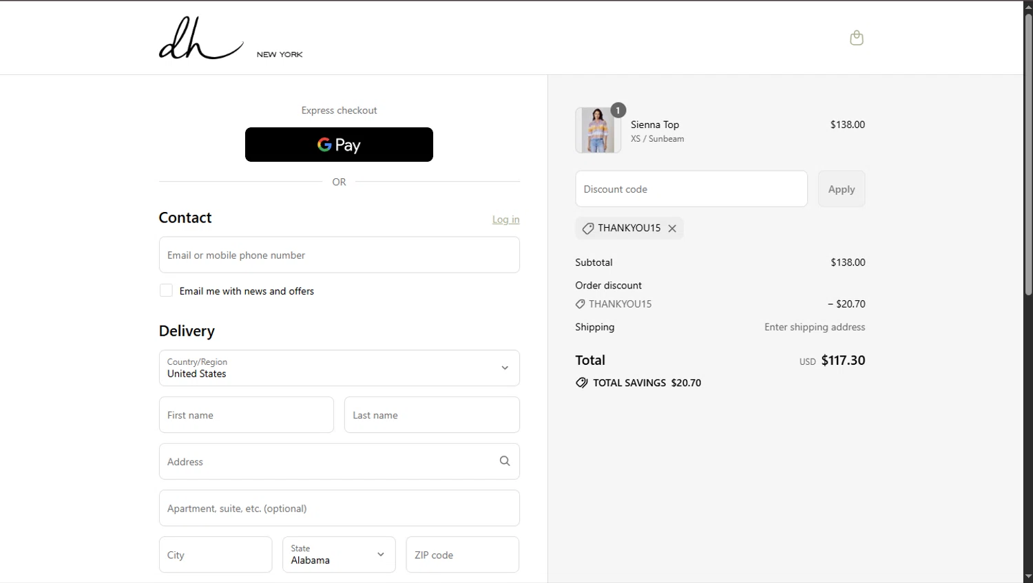DH New York promo code screenshot showing code THANKYOU15 applied at DH New York checkout page. Uploaded by SimplyCodes community member TokioMiller on Aug 4, 2025