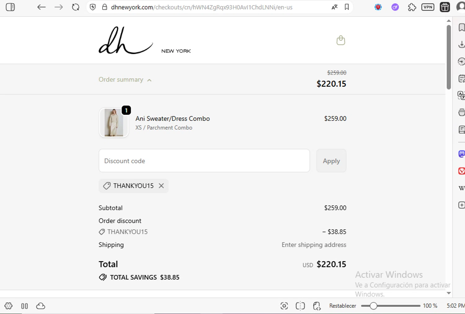 DH New York promo code screenshot showing code THANKYOU15 applied at DH New York checkout page. Uploaded by SimplyCodes community member luissilva2 on Oct 26, 2025