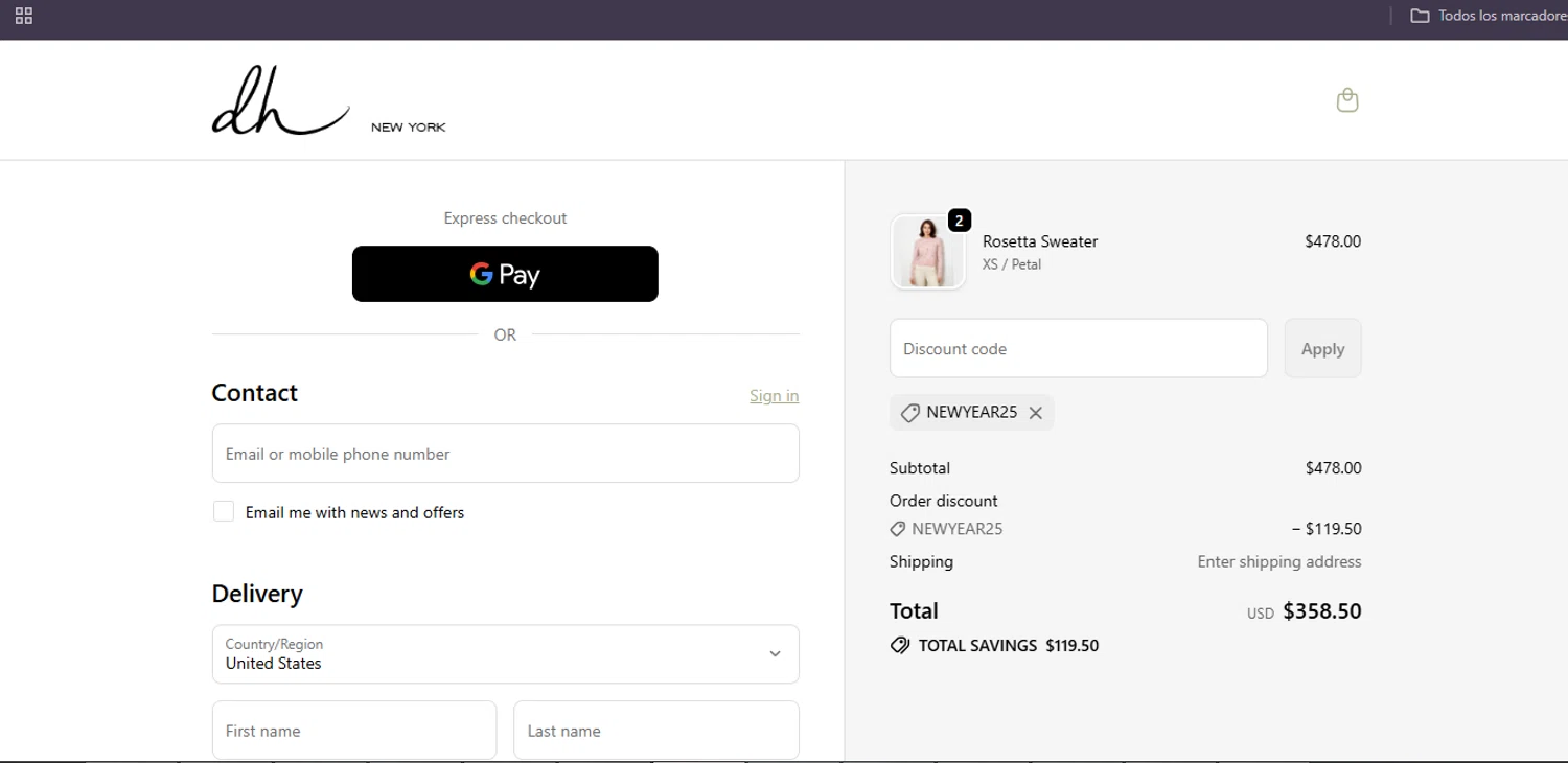 DH New York promo code screenshot showing code newyear25 applied at DH New York checkout page. Uploaded by SimplyCodes community member Egni_149037891 on Nov 14, 2025