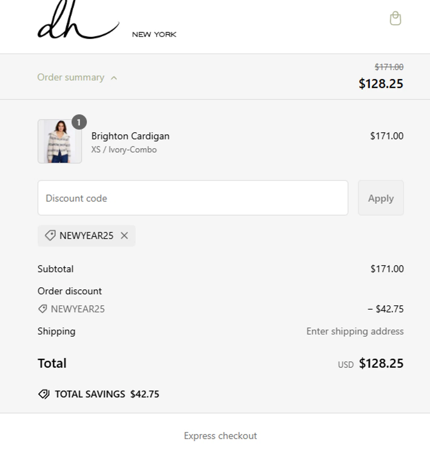 DH New York promo code screenshot showing code newyear25 applied at DH New York checkout page. Uploaded by SimplyCodes community member WoskalJR on Feb 15, 2025