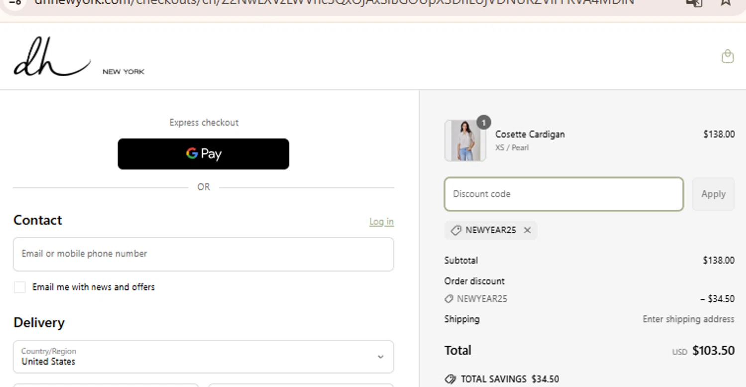 DH New York promo code screenshot showing code newyear25 applied at DH New York checkout page. Uploaded by SimplyCodes community member BudgetLion5814 on Mar 16, 2025