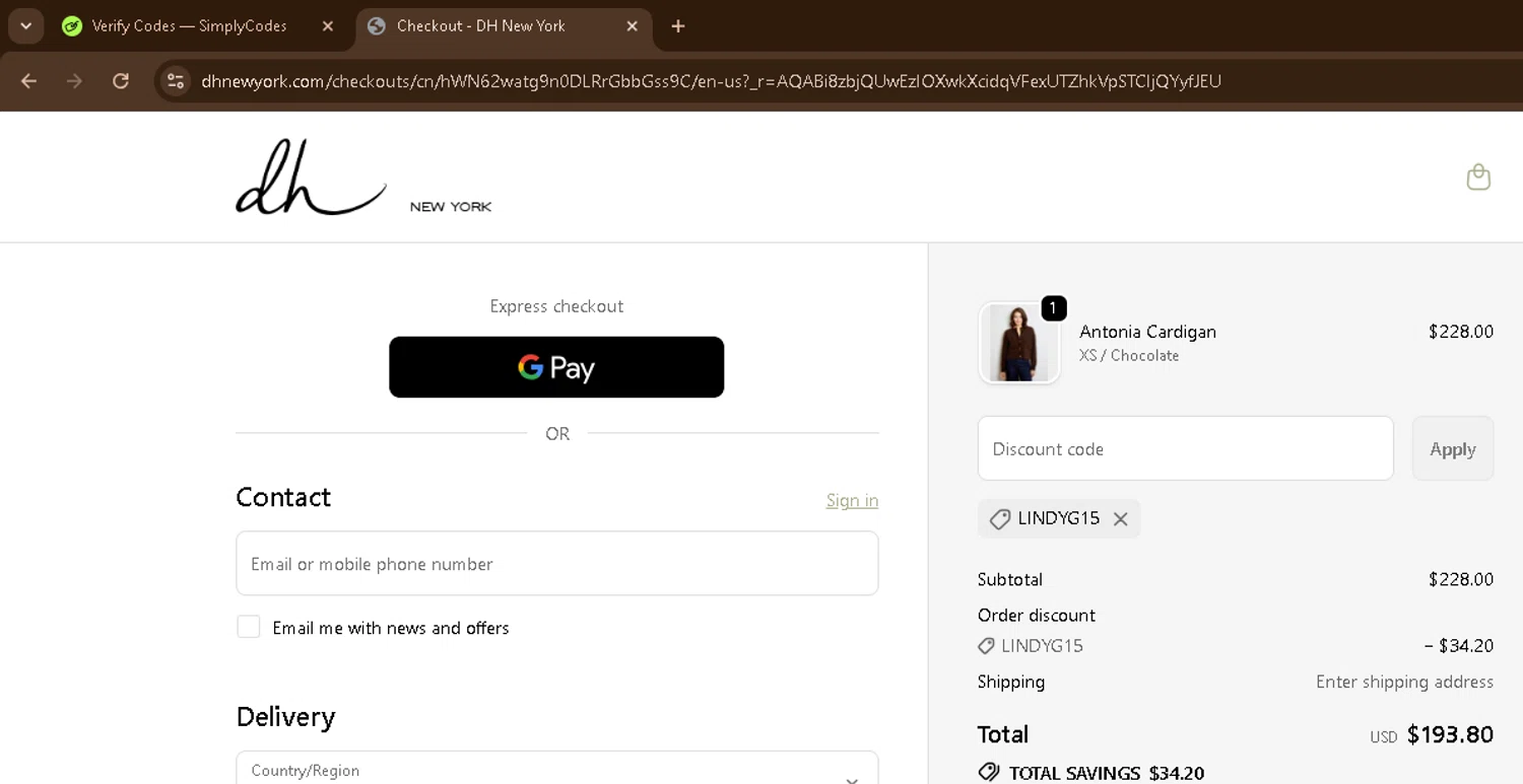 DH New York promo code screenshot showing code Lindyg15 applied at DH New York checkout page. Uploaded by SimplyCodes community member CoinSage1043 on Dec 4, 2025